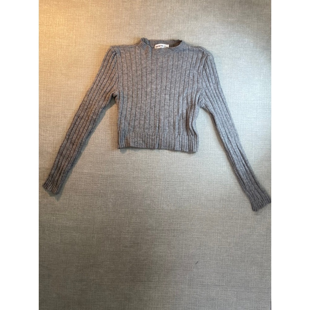Brownie Spain Heather Gray Ribbed Knit Cropped Sweater Long Sleeve Made in Italy